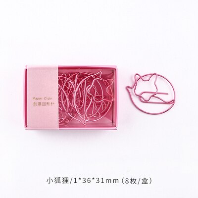 8pcs/box Cute Metal Paper Clips Flamingo Cactus Shaped Cartoon Binder Clip Kawaii Unicorn Planet Bookmark Memo Clips Stationery: 8pcs fox