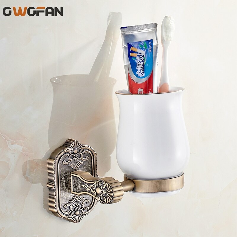 Antieke badkamer enkele bekerhouder massief keramiek retro gesneden brons gouden houder tandenborstel beker- en bekerhouders wit  -618