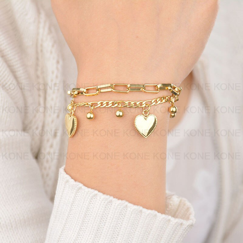 Uzone Rvs Dubbele Laag Kralen Hart Armbanden & Bangles Charm Link Armbanden Voor Vrouwen Liefde Gouden Ketting Sieraden