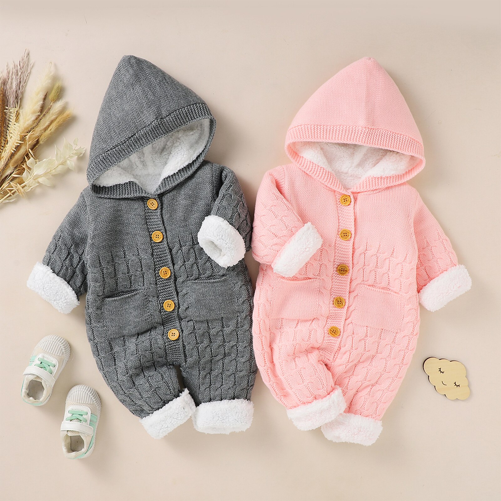 Baby Baby Meisjes Jongens Winter Warm Hooded Jumpsuit Effen Kleur Lange Mouwen Button Down Cable Knit Effen Romper