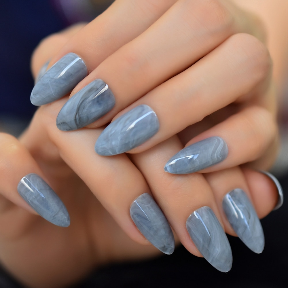 Marbling False Nails Grey Stiletto Shiny Marble Nail Art Tips Medium Size Pointed Sharp Nails 24 Count