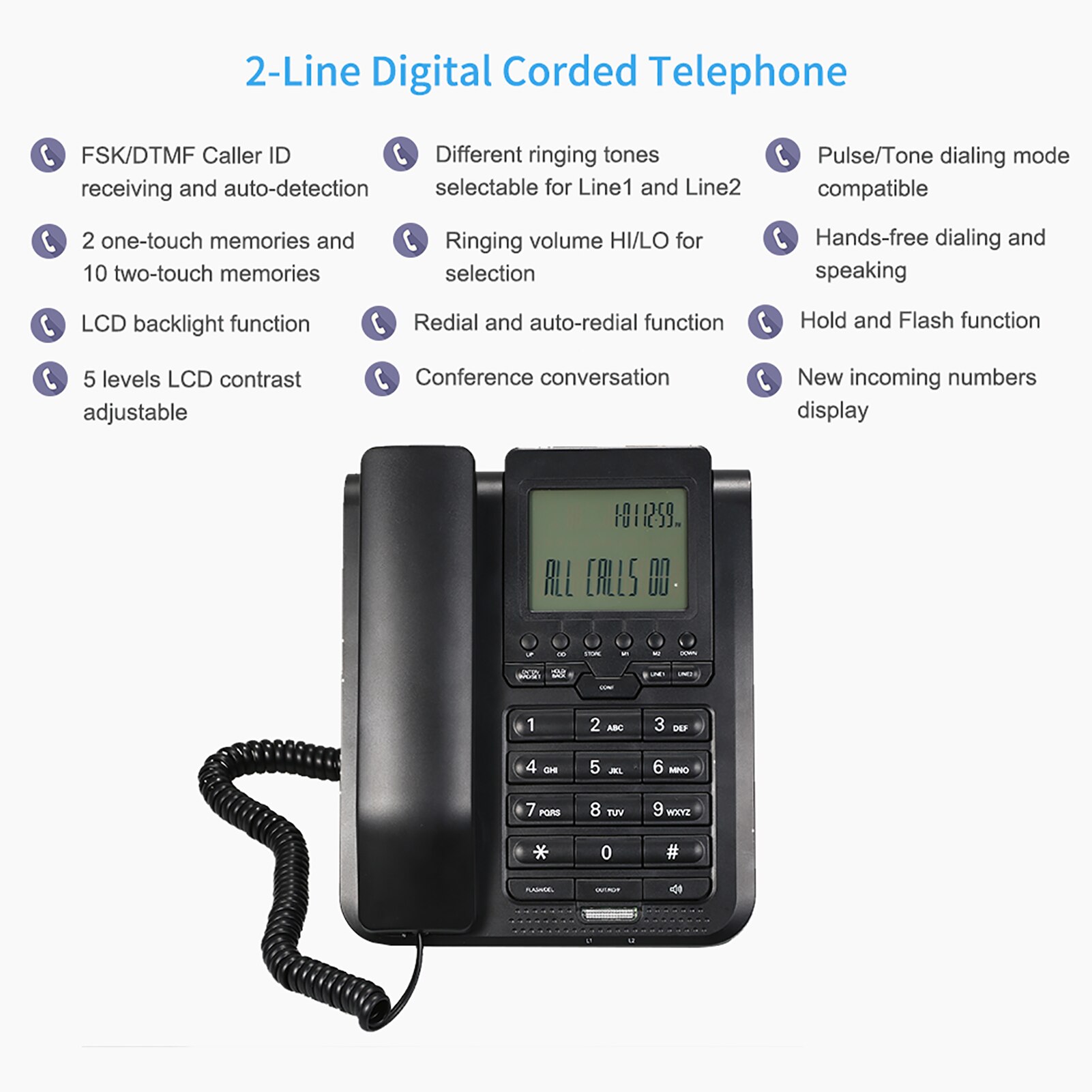 2-Line Digital Corded Telephone w/LCD Display Support 3-Way Conference Call/Redial/Auto-redial/Set Key/Memory Key/Speakerphone