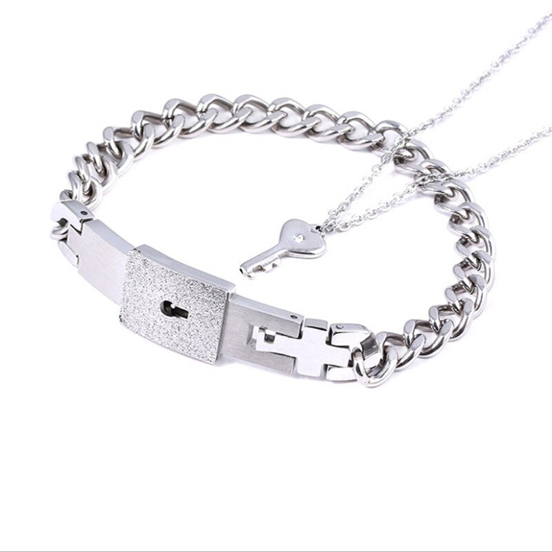 A Couple Lovers Jewelry Love Heart Lock Bracelet Stainless Steel Bracelets Bangles Key Pendant Necklace Jewelry: M