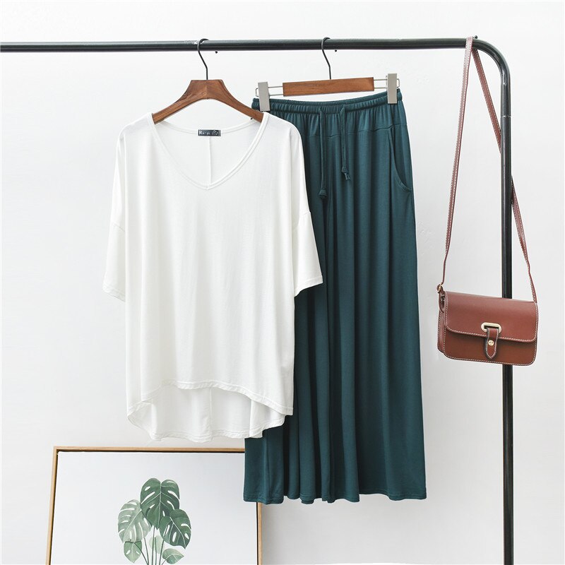 Pliktea Pyjamaset - Dames V-Hals T-shirt & Lange Broek - Effen Modal Spandex: Wit