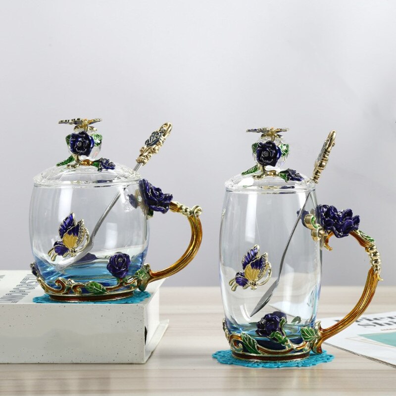 Enamel Glass Cup Tea Water Coffee Cup European Style Crystal Rose Flower Mug With Handle Lid Spoon Drinkware
