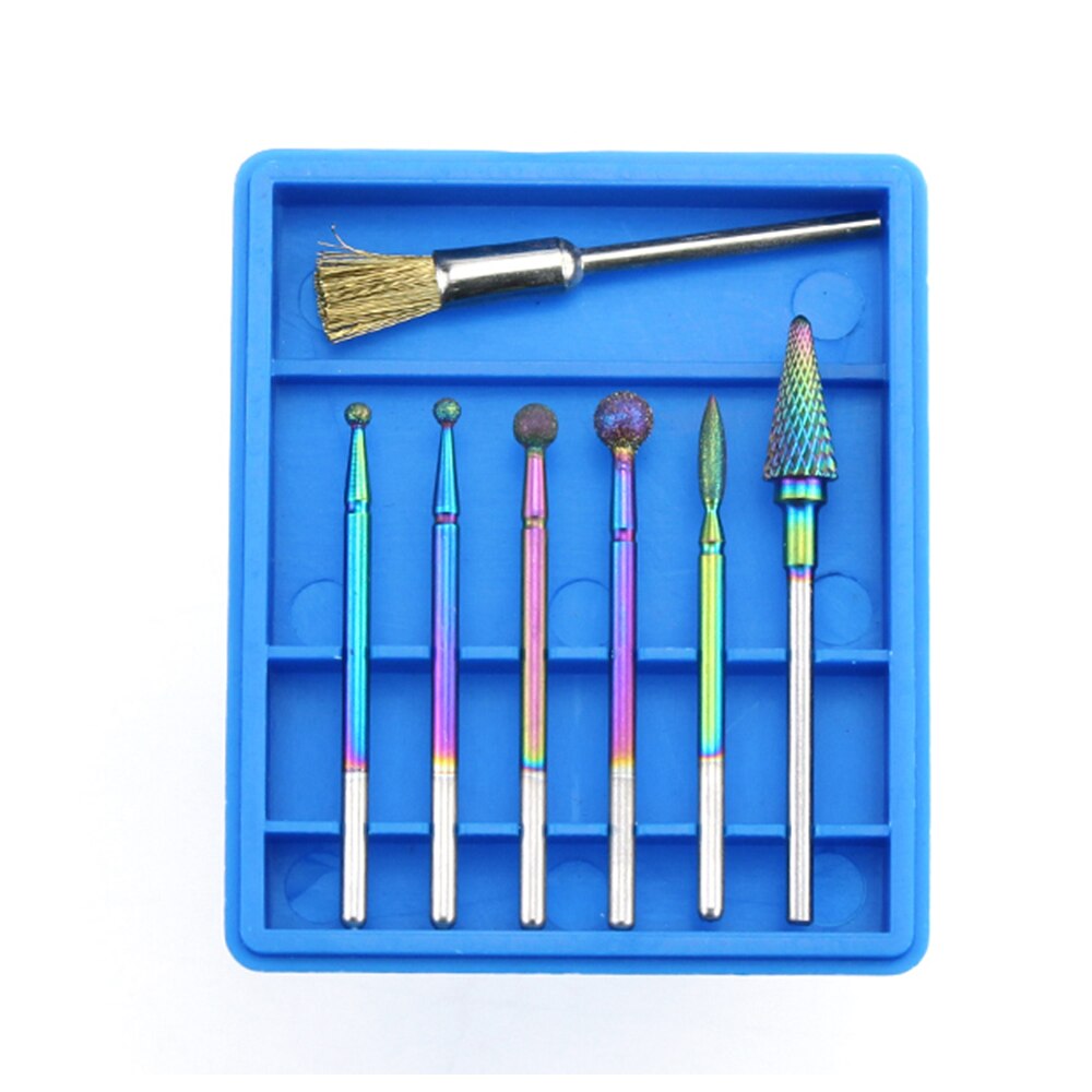 7 stk/sæt diamant hårdmetal fræser regnbue neglebor børste til manicure elektriske maskine bits burr nail art værktøjer