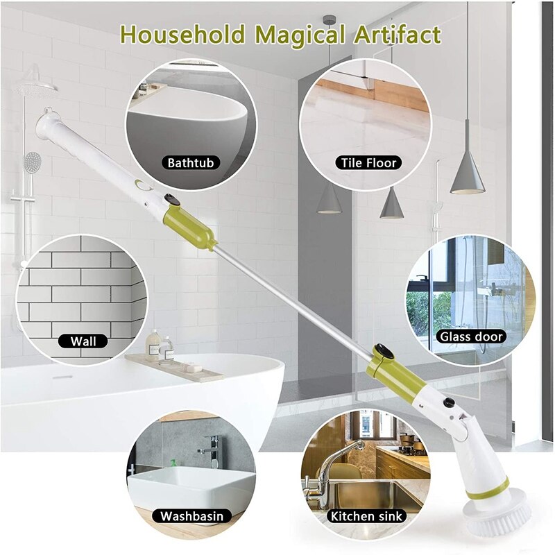 ETENTOUS Elektrische reinigingsborstel, elektrische reinigingsborstel met 8 reserveborstelkoppen, Electric Spin Scrubber, 3 modi, power scrubber met 37-140 cm verstelbare handgreep, voor badkamer
