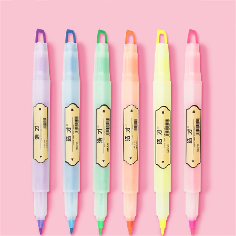 Tweekoppige Zes-Kleur Markeerstift Single Pack Waterbasis Multi-color Marker Pen Student Pen student Levert Art Pen