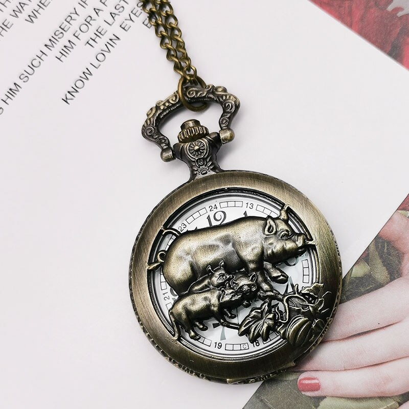 Top Brand Chinese Zodiac Pig Quartz Pocket Watch Necklace Pendant Carving Back for Women Men CF1085