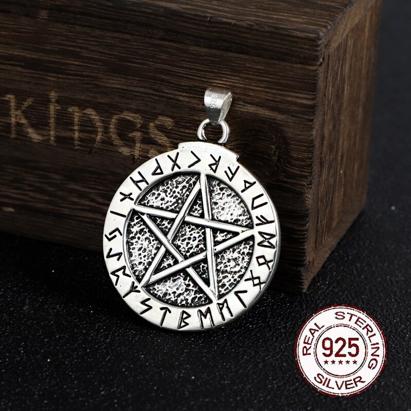 925 sterling zilver Norse Rune hanger en Magic pentagram met lederen ketting of kiel ketting als