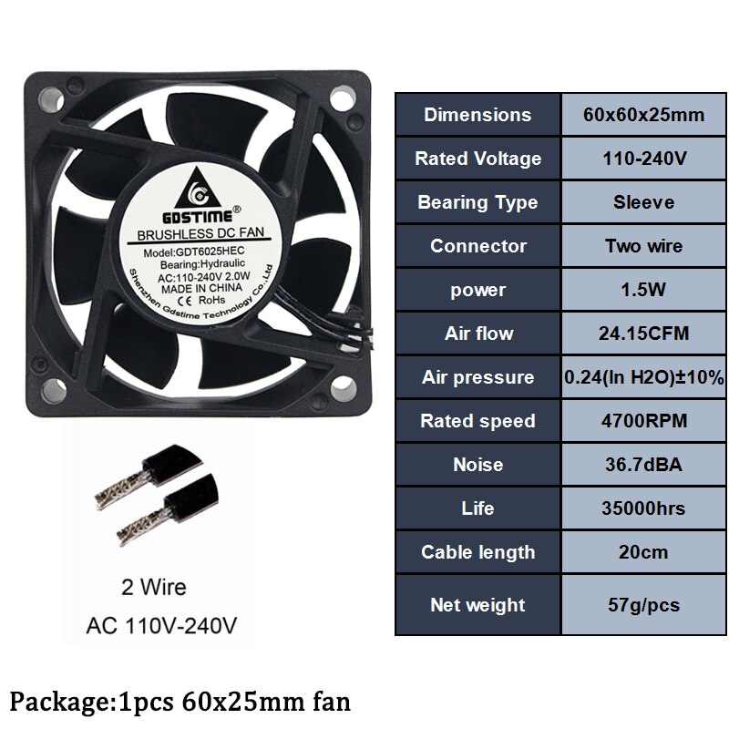 1 stuks 60mm 80mm 90m 120mm ac 110v 220v 240v 3 inch dubbele bal plastic universele koeler pc cpu ventilatoren luchtstroom voor computers: 60 x 25mm mouw