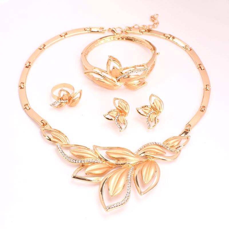 Neueste Neue Afrikanischen Kostüm Schmuck setzt Silber Überzogene Blätter bilden Halskette einstellen Hochzeit Elegante Kostüm Schmuck-einstellen: 4pc Gold