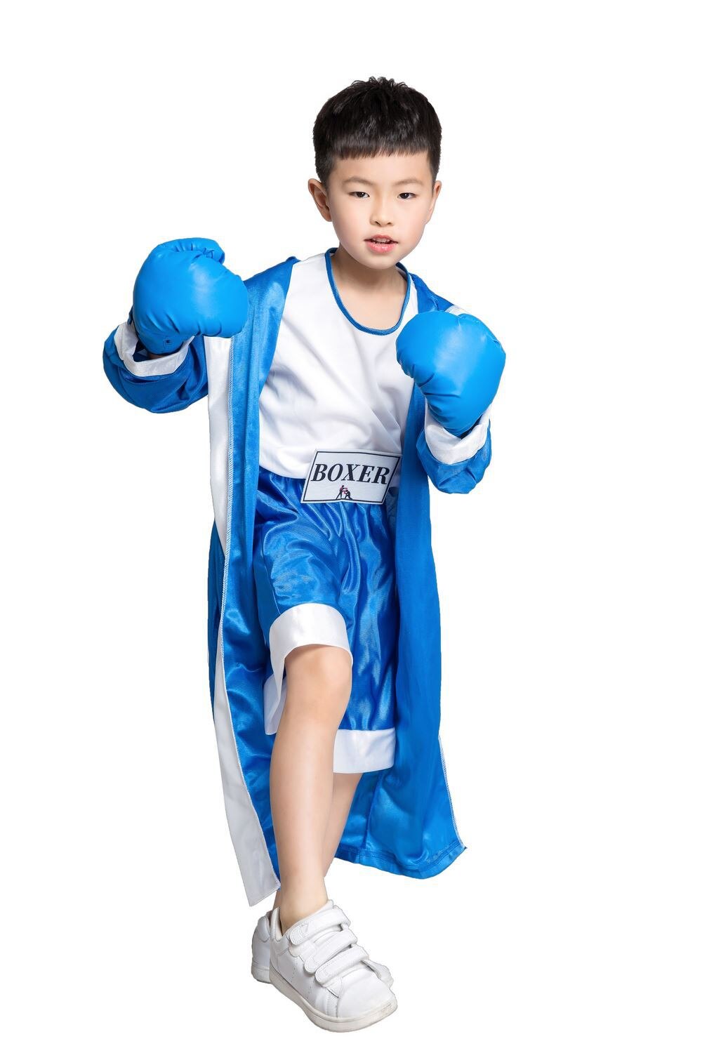 Barn blå röd svart boxare kostym halloween pojke boxning match jumpsuit med mantel kostym