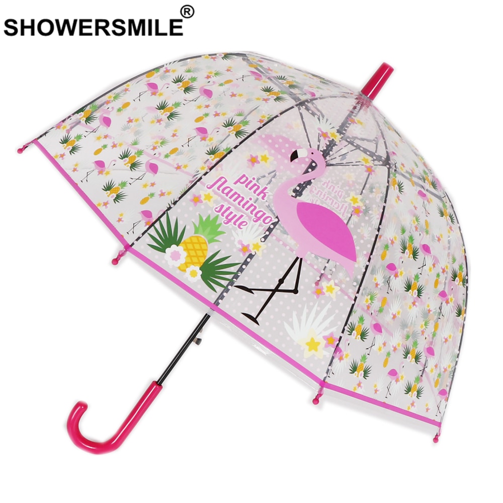 Showersmile Cartoon Paraplu Transparante Kinderen Lange Steel Transparante Paraplu Kids Aap Plant Flamingo Paraplu Voor Meisje