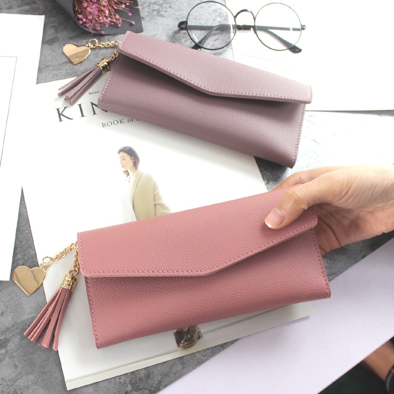 Lang læder pung dame punge tri-fold kvast dame pung pu pung hjerteformet vedhæng clutch kortholder telefontaske