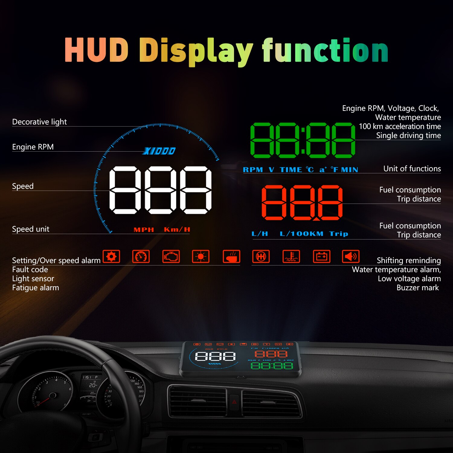 WYING Affichage Tête Haute Voiture OBDII EUOBD Pare-Brise Projecteur HUD Changement Rappel Temp D'eau TR/MIN consommation alarme de vitesse