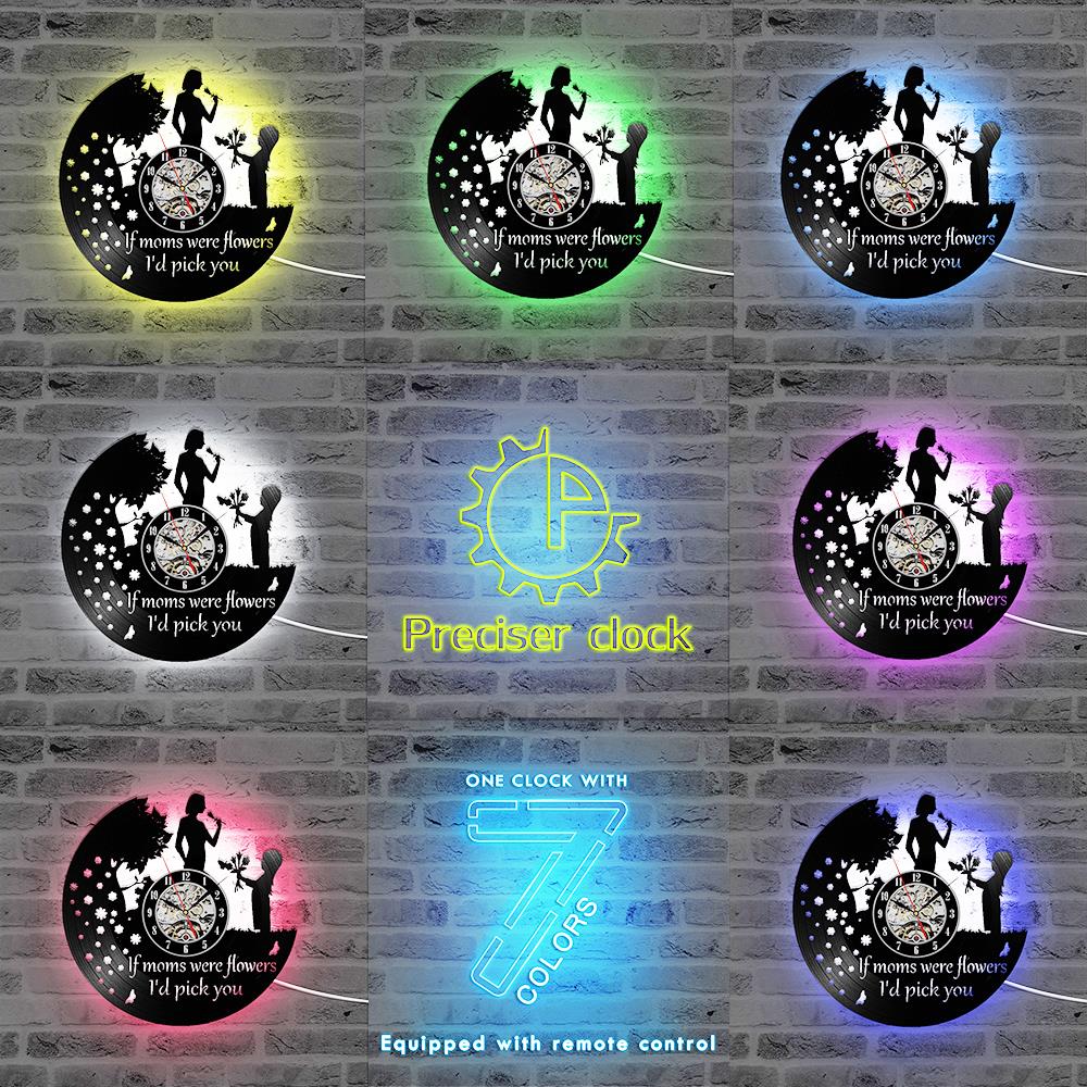 Feliz Día de la madre reloj de disco de vinilo hueco redondo silencioso LED relojes antiguo colgante reloj único para la gran mamá decoración del hogar