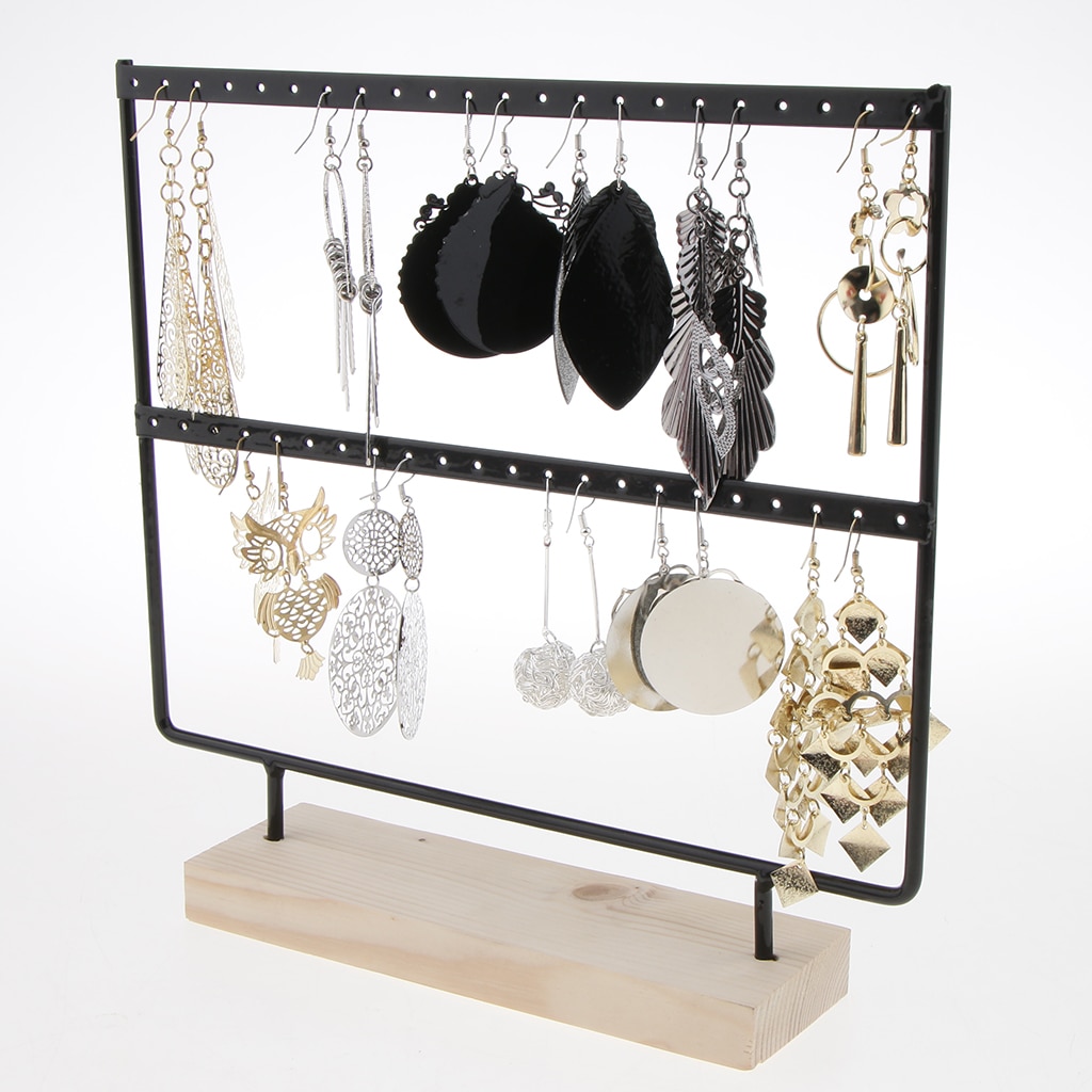 Earrings Hanging Stand Jewellery Holder Organizer Hanger Storage Rack Display with Wooden Base