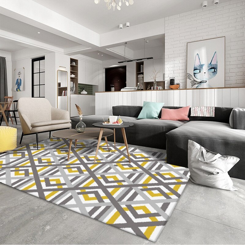 Nordic Geometric Style Yellow Gray Pattern Carpet Living Room Carpet Sofa Coffee Table Doormat Bedroom Bedside Blanket