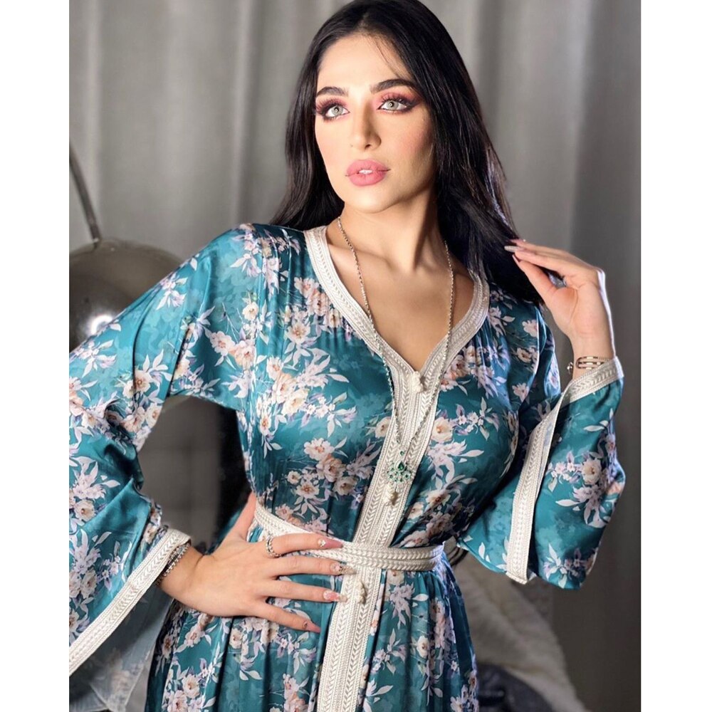 AB030 Luxe Jurk Sky Blue Abaya Soiree Moslim Vrouw Dubai Islamitische Kleding World Kleding Winkel Turkse Mooie Print Flora