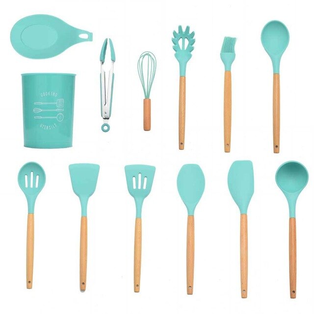 Geschirr 12Stck Silikon Kochen Utensilien einstellen Wärme beständig Küche Nicht-Stock Kochen Utensilien Backen Werkzeuge Mit Lagerung Kasten: Minze Grün 13Stck