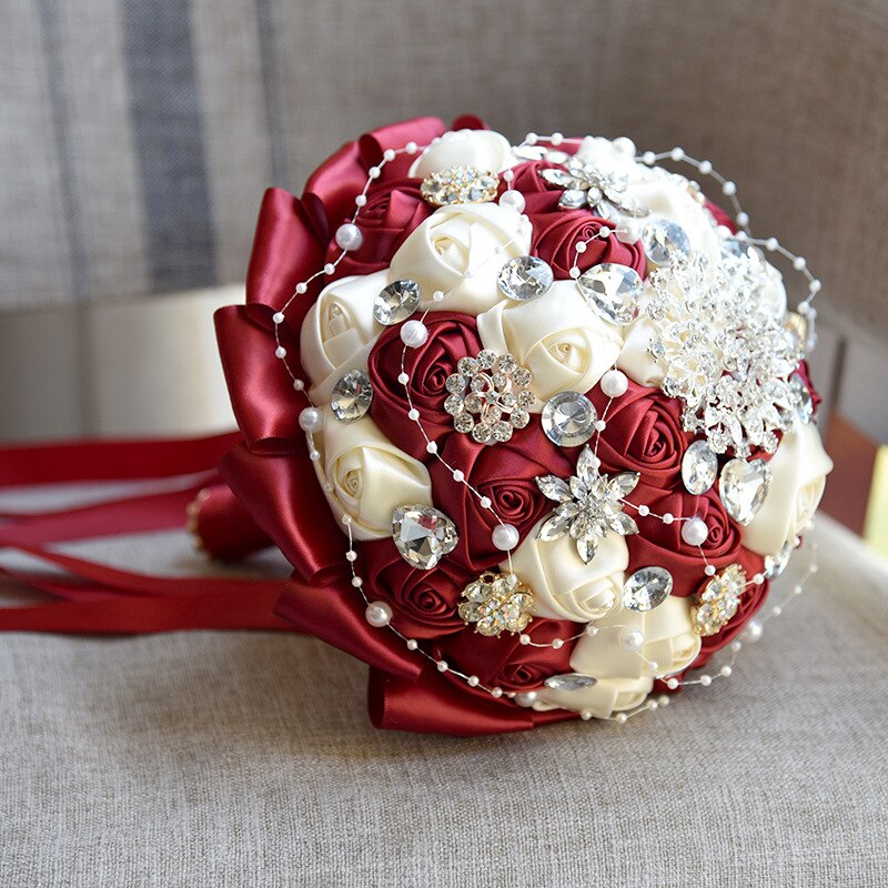 Wine and Champagne Rose Flowers Rhinestones Wedding Bouquet Handmade Flowers Bride Bouquet Accessories