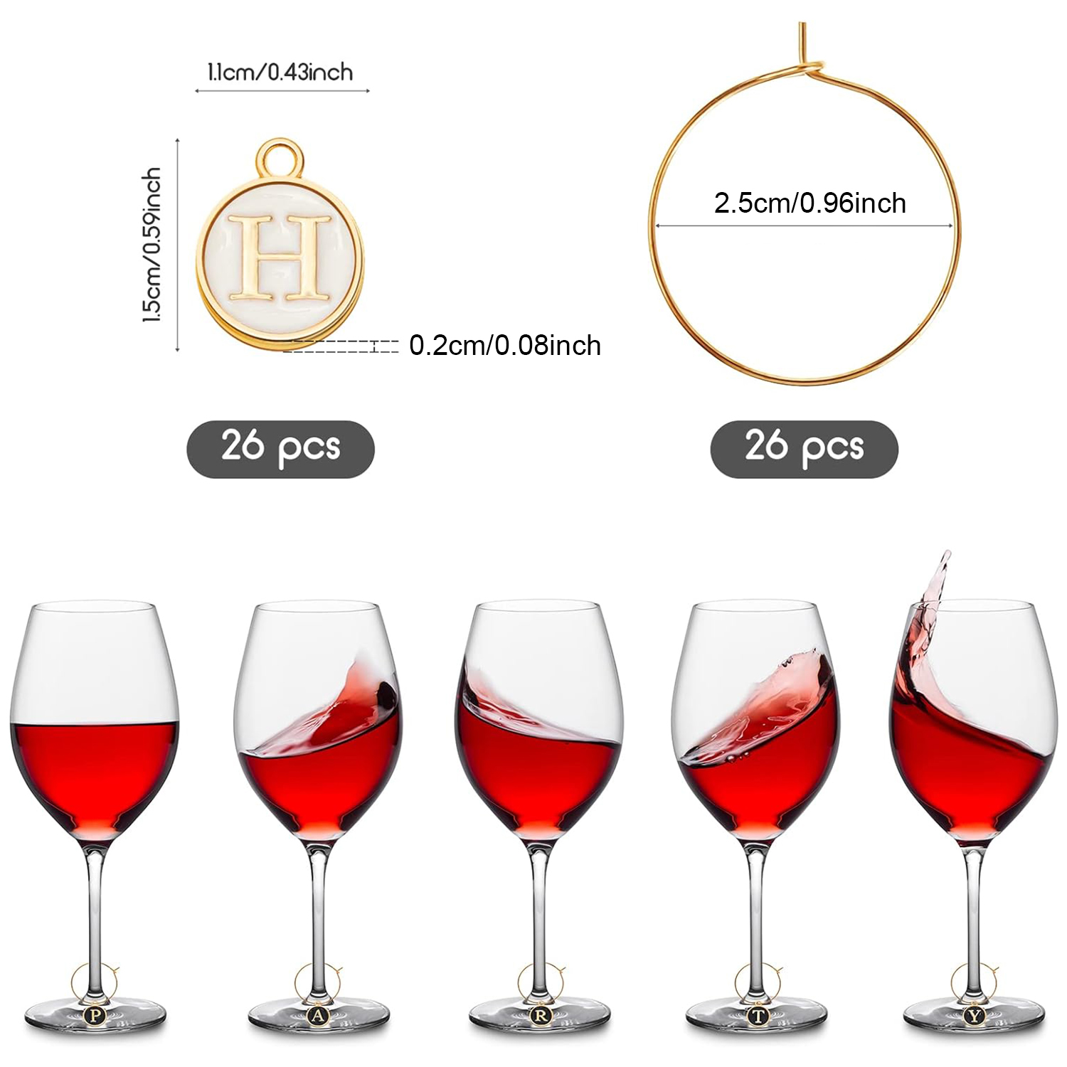 26Pcs Wine Charms for Stem Glasses with Rings Tags Letters Glass Charm Markers Wine Glass Identifier for Party Favors Decoration