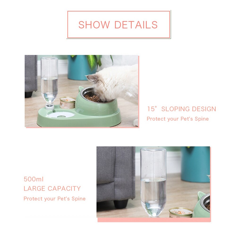 Cat Dog Bowl 15 Degrees Tilt Raised Pet Food Bowls 500ML Water Bottle Protect Pet's Spine, Drink and Food Bowls for Cat