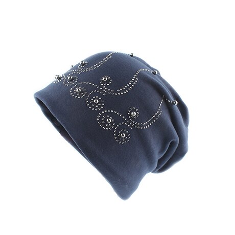 Parel wintermuts dames effen kleur strass skullies mutsen dames herfst mutsen zachte warme katoenen mutsen dames: Marineblauw