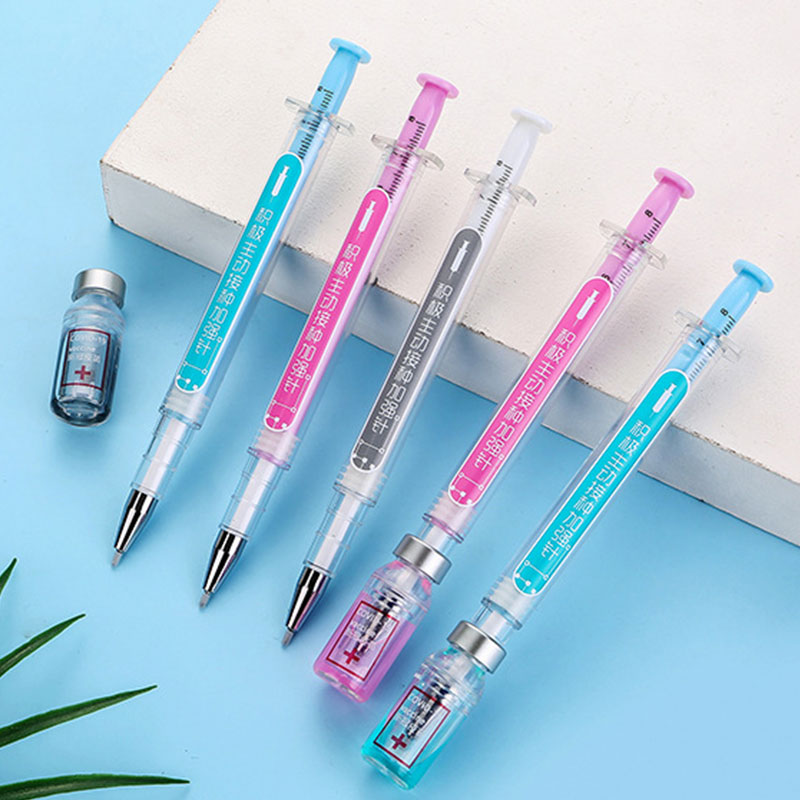 12pcs Syringe Gel Pen Simulation Eliminates Injection Syringe Shape Ballpoint Pen Black Signature Pen Simulation Vaccine Pens