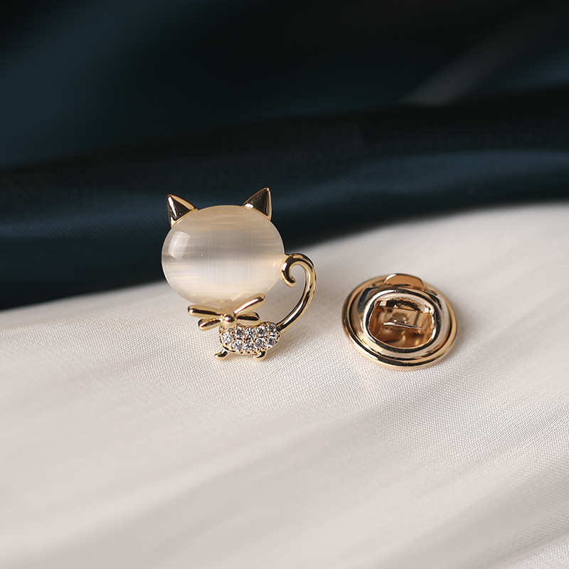 Broches de chat en opale pour femme, chaton mignon, épingle à revers en cristal, bouton de collier, robe de soirée, protection du col
