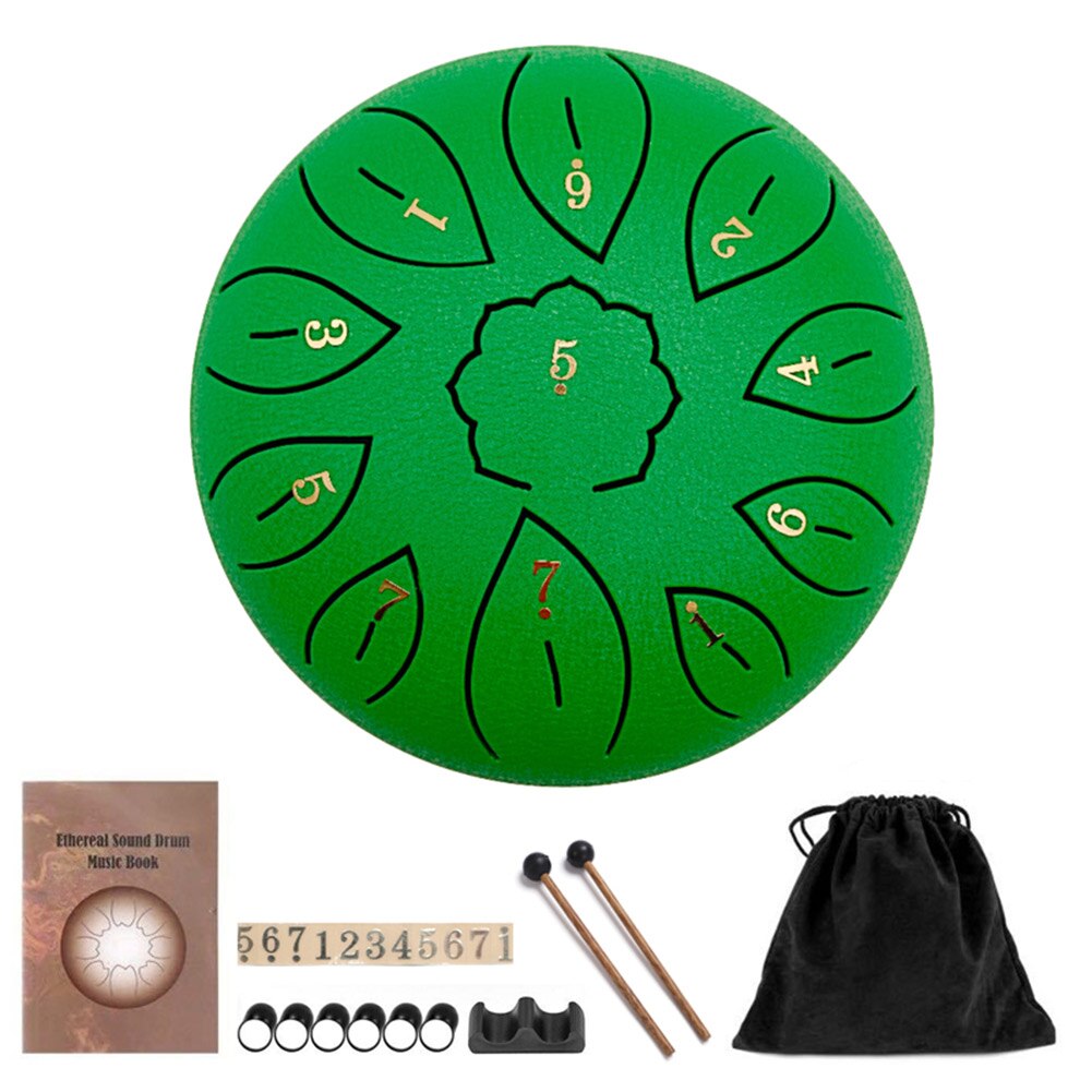 Tambor de lengüeta de acero y titanio de 6/8 pulgadas, tambor de ritmo etéreo, 11 notas, tono F, mano de percusión, tambor Pan Tang,: Green