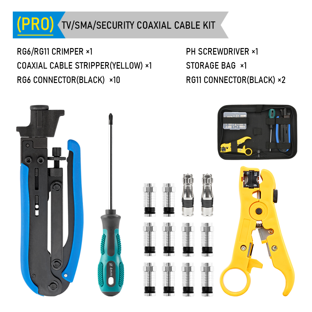 RG6 RG59 RG7 RG11 Wire Stripper Crimper Tool Kit Coaxial Cable Crimping Pliers Set With F BNC Compression Connectors: green