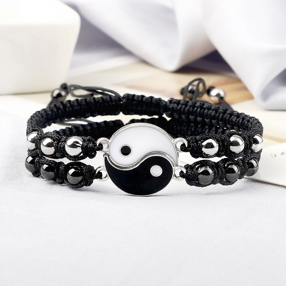 2 unids/set de pulsera trenzada Yin Yang Tai Chi, abalorio negro y blanco, pulseras ajustables a juego para parejas y joyería para amantes de la distancia Blangle