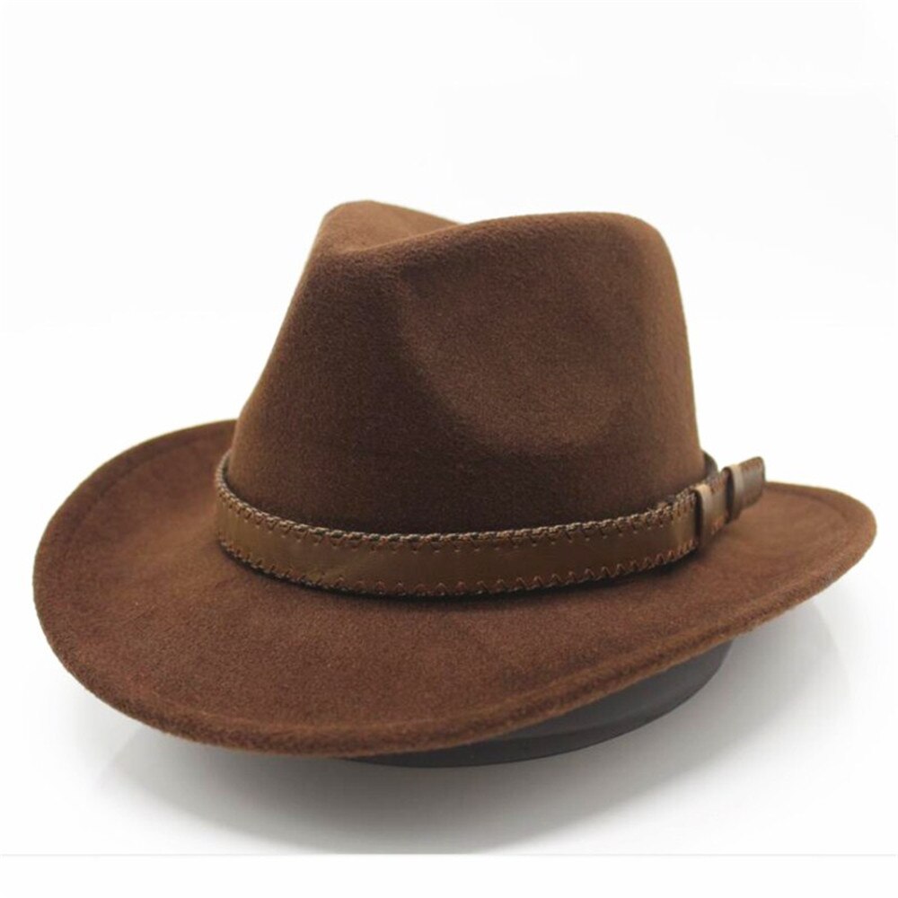 Sombrero de vaquero con cinturón de ala ancha para hombre y mujer, sombrero Trilby de lana, talla 56-58CM: Dark Coffee