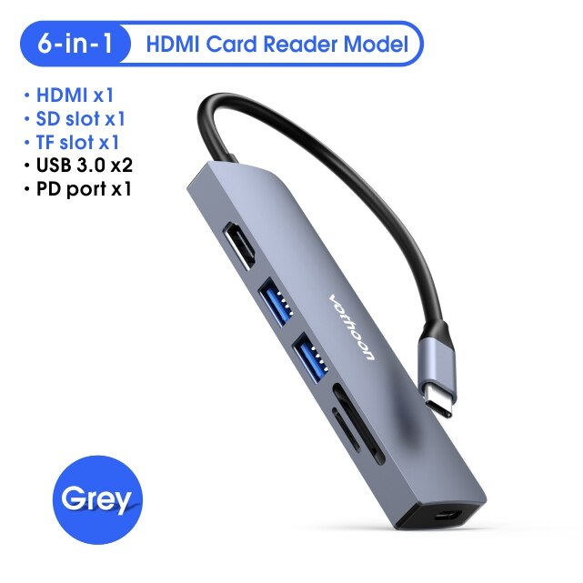 Vothoon USB C HUB Type C to Multi USB 3.0 HUB HDMI Adapter For MacBook Pro Huawei Samsung S10 USB-C 3.1 Splitter 3 Port USB HUB: 6-in-1 Card Reader