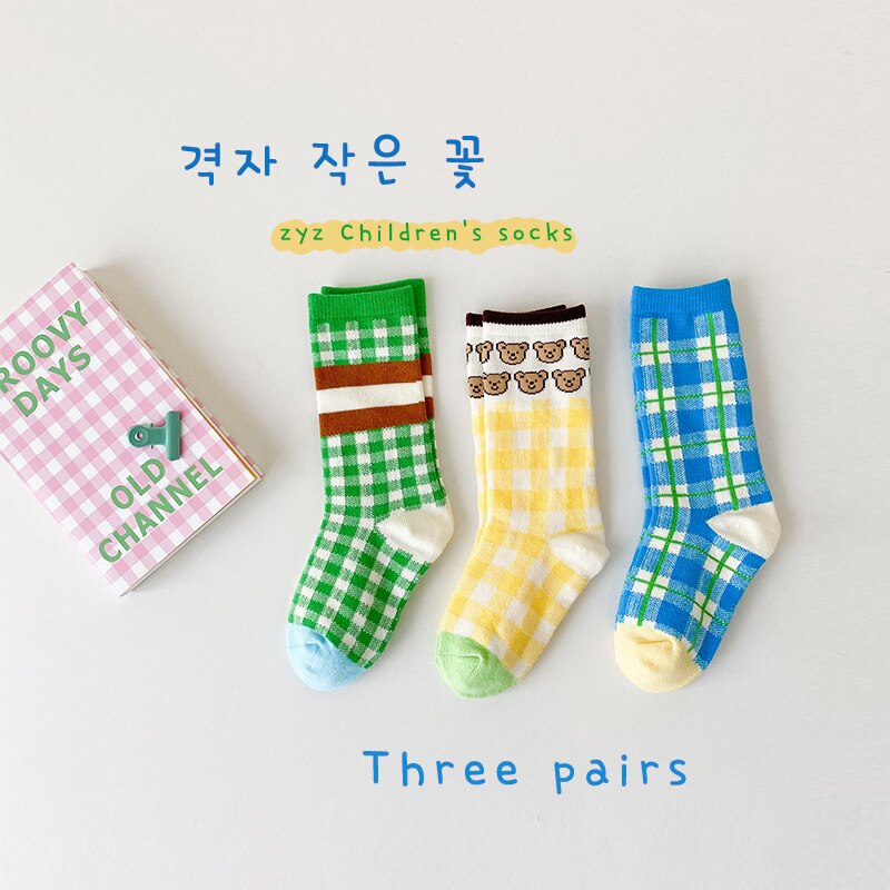 3 paia/lotto Z286 primavera Cototn floreale Plaid coreano ragazze calzini al ginocchio calzini ragazze bambini calzini: Z332 B / S 1-3Y