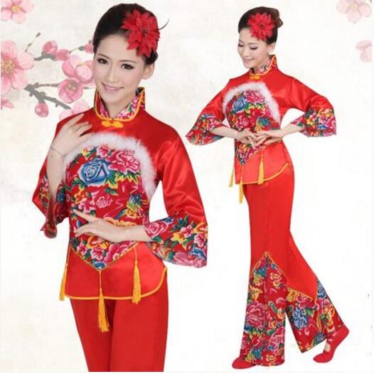 Ropa tradicional china para mujeres, traje de estilo chino antiguo, traje de danza folclórica Yangko rojo chino, traje de baile abanico