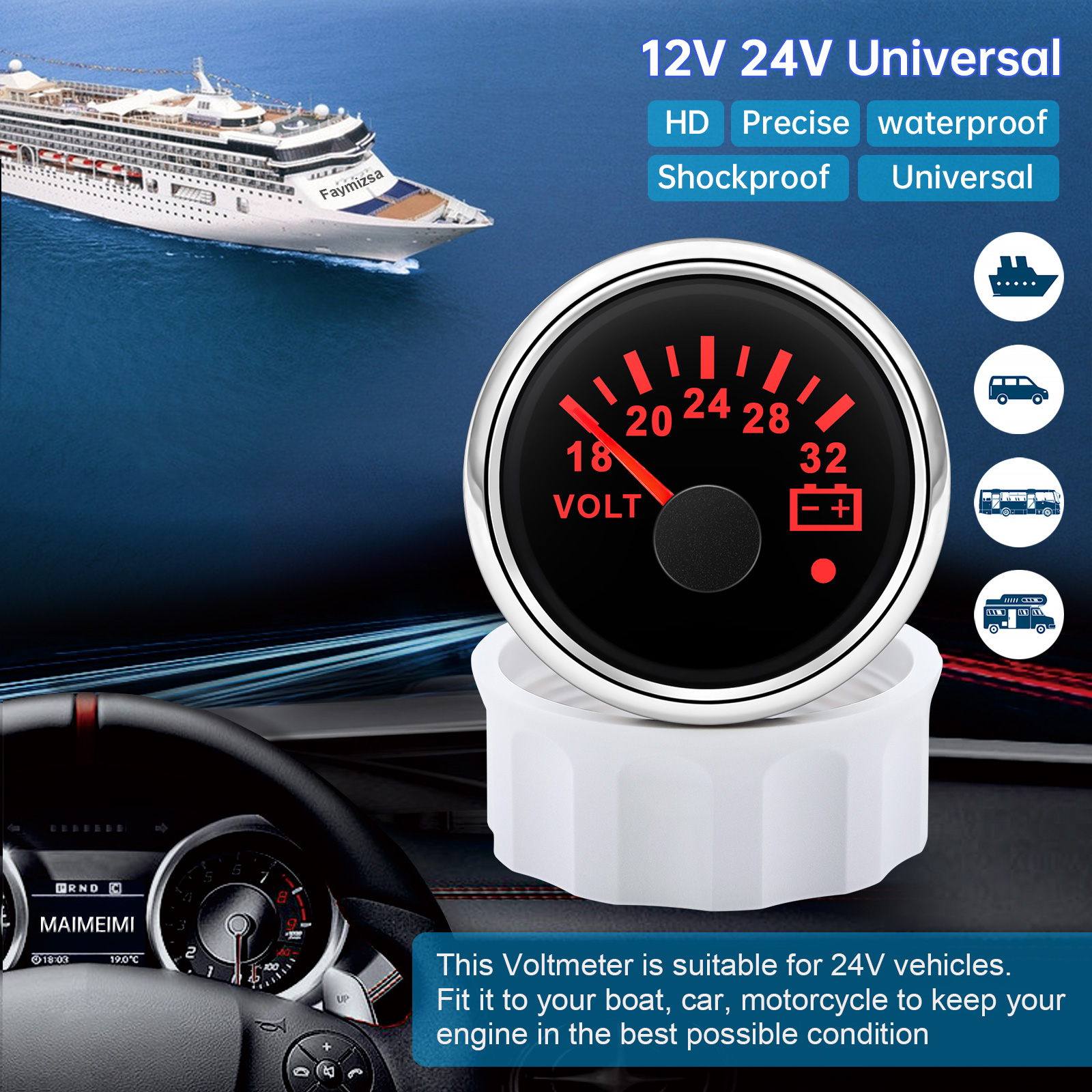 52mm Voltmeter 7 Farben Hintergrundbeleuchtung Spannung 8-16V 18-32V Volt Meter Gauge mit Warnlicht Universal für 12V 24V Boot Auto Marine