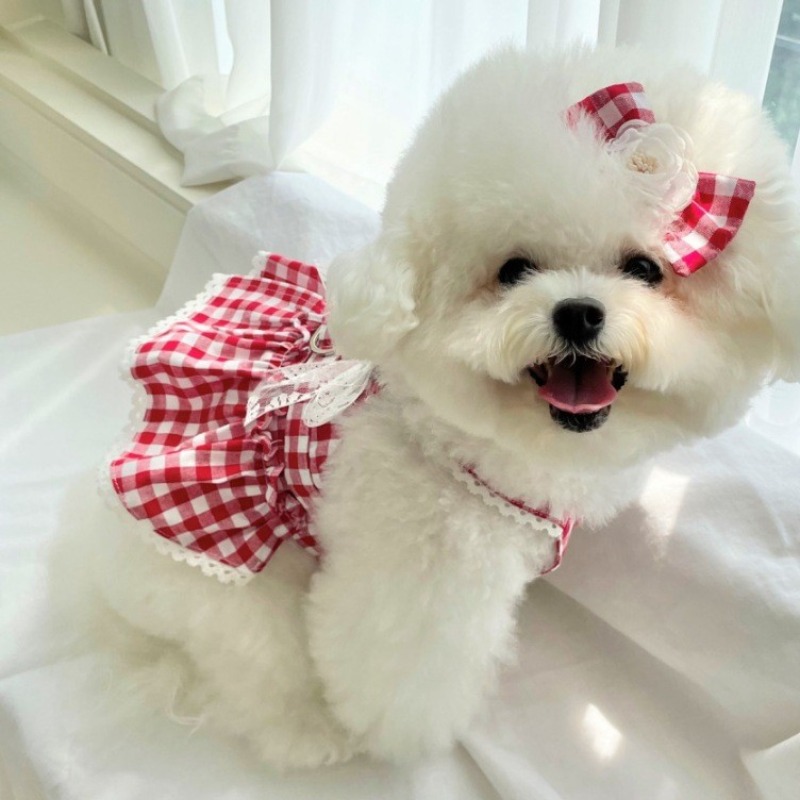 Pet Garden Style Retro prinsessenjurk Rode geruite hondenjurk met borst en rug kan worden getrokken en kleine huisdierjurk voor de zomer