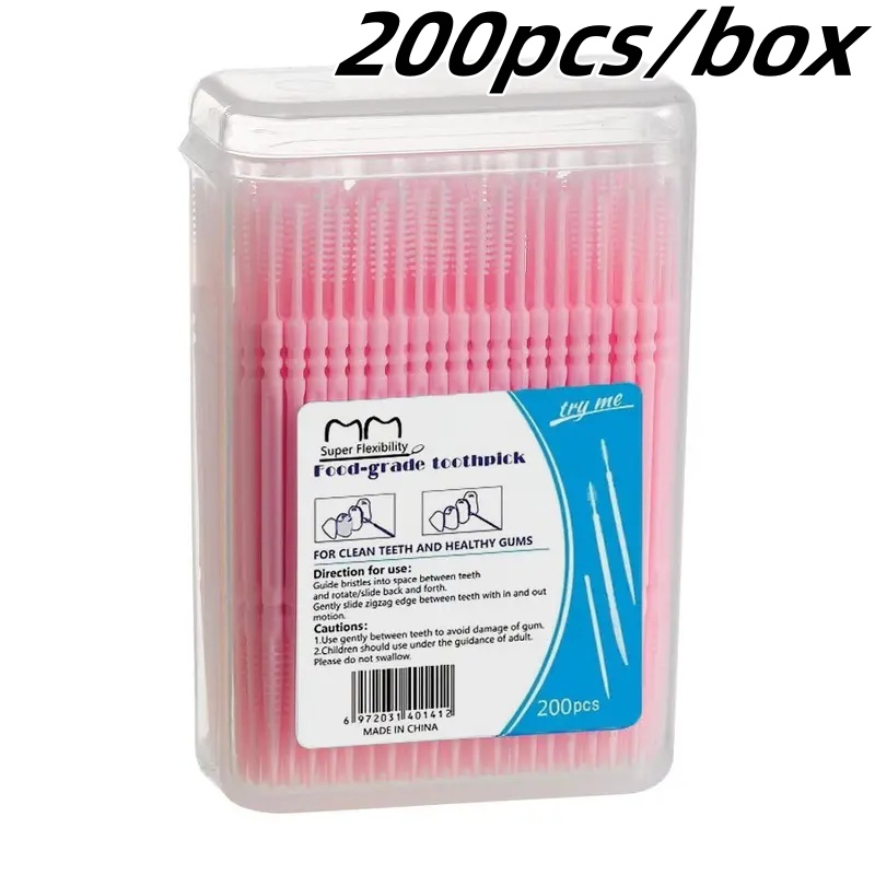 200 stks/doos Tandenstoker Borstel Plastic Wegwerp Rager Dubbele Hoofd Tandzijde Stok voor Huishoudelijke Mondreiniging Gereedschap: Roze