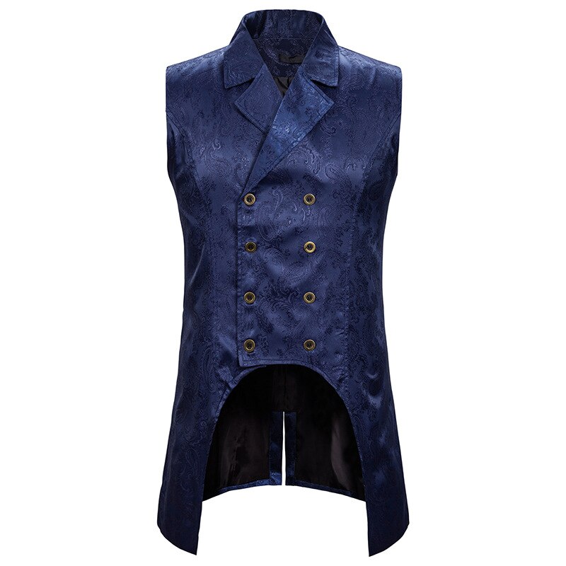 Wijn Rood Paisley Jacquard Mouwloze Lange Vest Mannen Double Breasted Revers Brocade Vest Mens Gothic Steampunk Tailcoat: navy / S