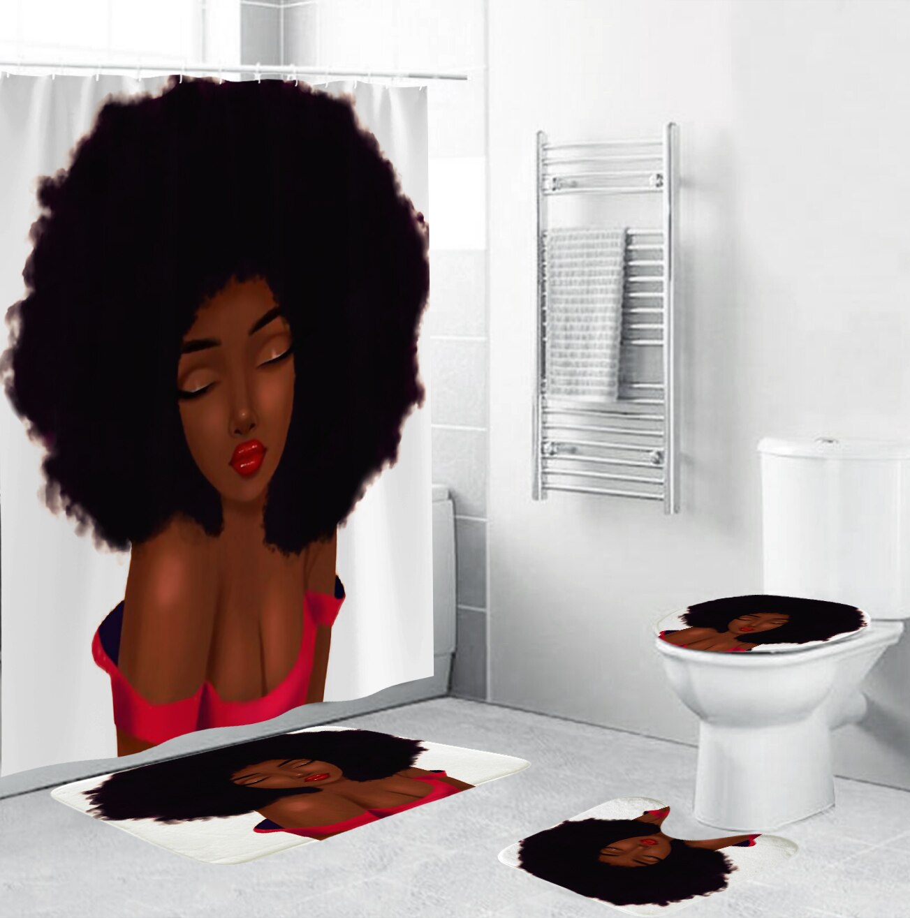 Set di tende da doccia con stampa donna africana nobile Sexy Afro American Lady decorazioni per il bagno con tappeto antiscivolo coperchio del coperchio del water tappetino da bagno: D 4PCS