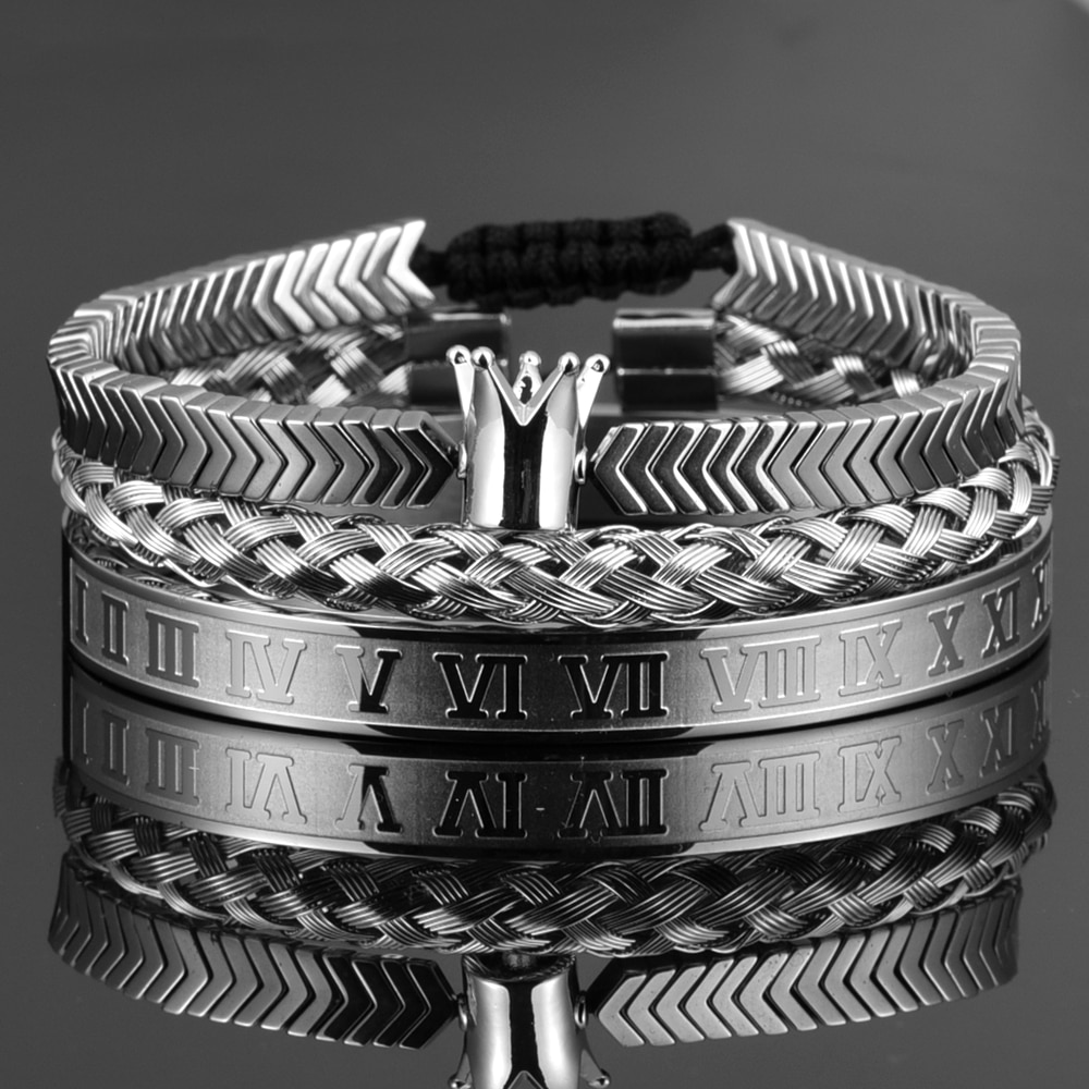 3 teile/satz Crown Handgemachte Männer Hämatit Armband Römische Ziffer Hanf Seil Schnalle Offenen Edelstahl Armreifen Luxus Schmuck: Silver Crown set