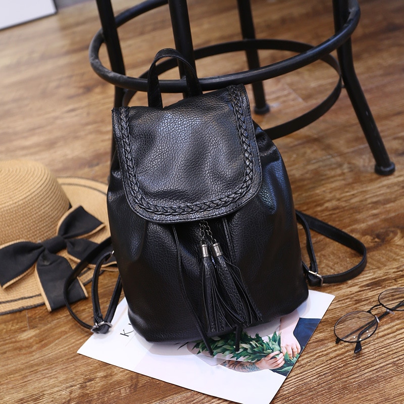 PACGOTH Solid Korean Style Black PU Leather Shoulder Bags Women's Backpack Drawstring Girl's Casual Tassel Backpack 1 Piece