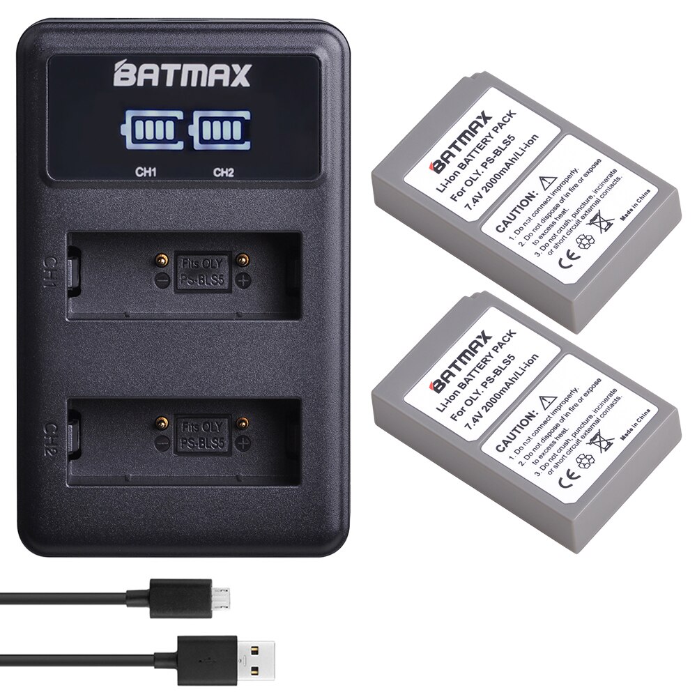 Batmax PS-BLS5 BLS5 BLS-50 BLS50 Batterij + lader voor Olympus PEN E-PL2, E-PL5, E-PL6, E-PL7, e-PM2, OM-D E-M10, E-M10 II, Stylus1: 2battery with charge