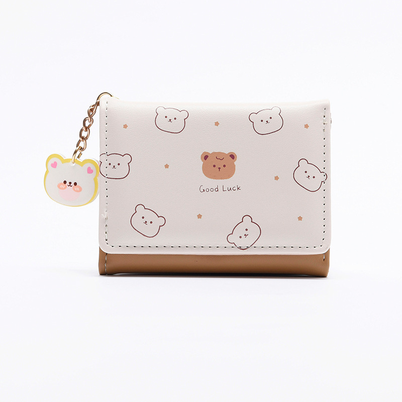Kvinner kort tynn koreansk versjon søt tegneseriebjørn dame liten lommebok student trefoldig lommebok kvinnelig kort myntpung: Hvit