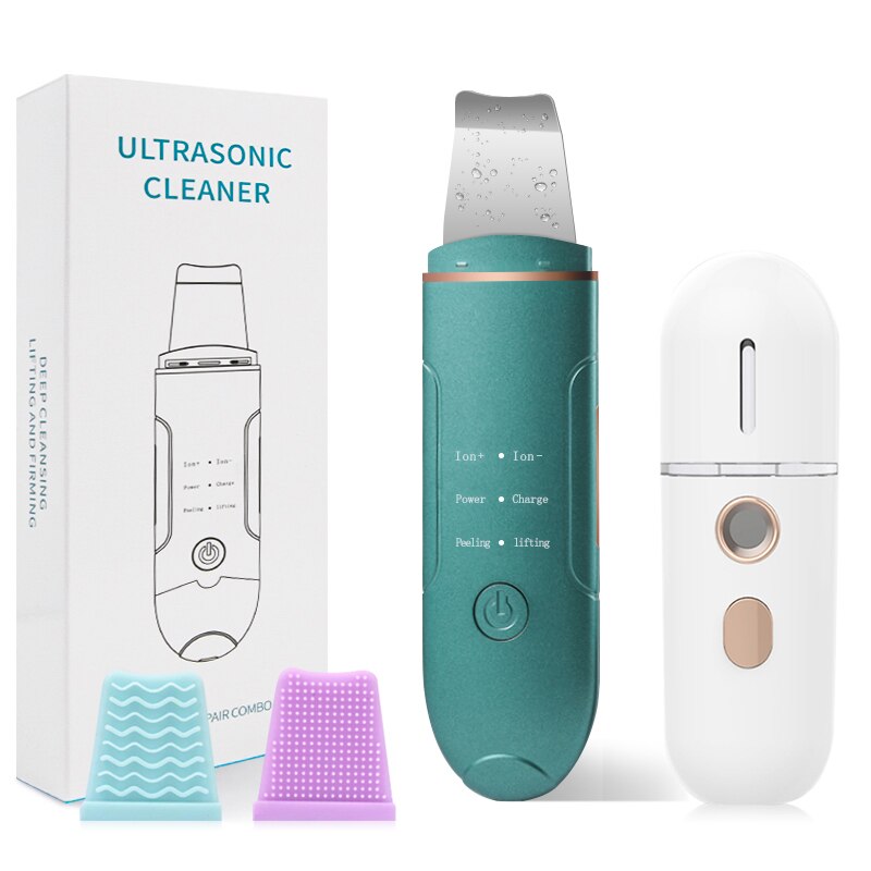 RUBYONLY Ultrasonic Skin Scrubber Deep Face Cleaning Machine Peeling Shovel Facial Pore Cleaner Ultrasonic Cleaner: Green Set 1