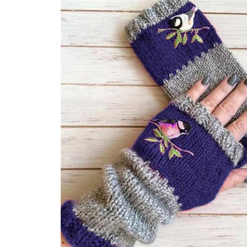 Naiset linnut kirjonta käsineet neulotut sormettomat plus sametti värilohko splice lapaset tytöt talvi käsineet joulu: Sininen