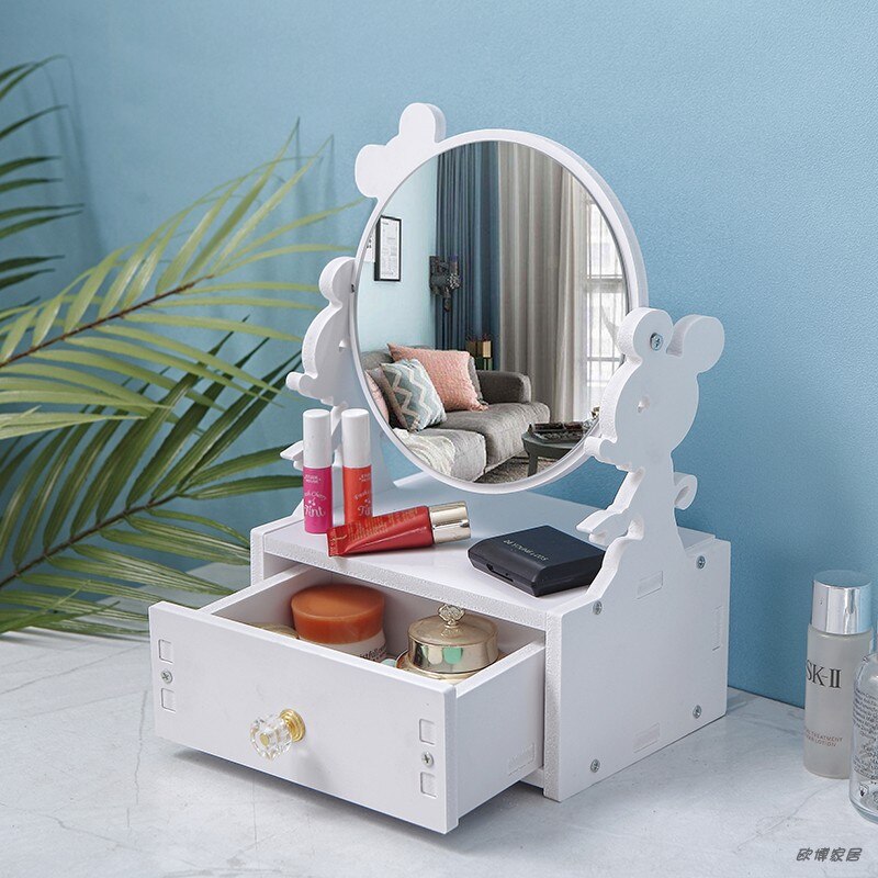 Rotate Wooden Cute Make-up Mirror DIY Assembly Desk Dressing Mirror Women Portable Large Cosmetic Storage Box Shelf WF